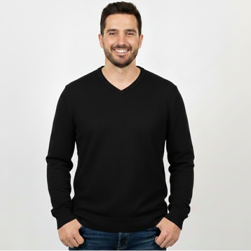 Lands End Mens XL V Neck Sweater Black 100 Supima Cotton Long Sleeve Soft Preppy